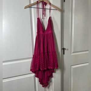 R.vivimos raspberry red pink dress lace backless women’s size medium O425